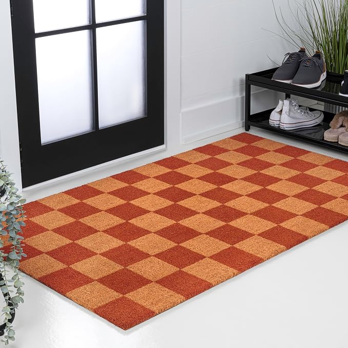 JONATHAN Y Natural Coir Indoor/Outdoor Area Rug 3X4 Natural/Red Checker, Peater Classic Casual Commerical Doormat Ideal for Door Entrance, Patio, Porch, Backyard, Garages NRF110A-34