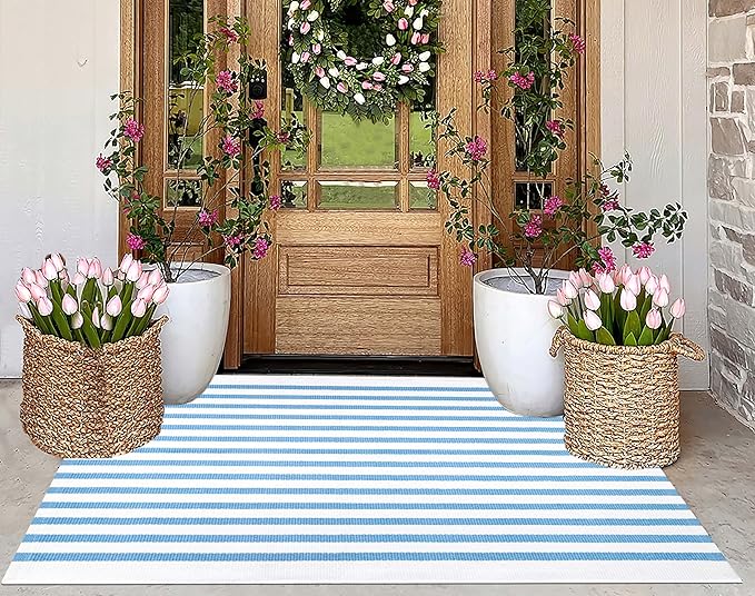 Light Blue and White Outdoor Rug 3'x5',Machine Washable Striped Porch Rug Cotton Woven Farmhouse Front Door Mats for Porch/Entryway/Home Entrance Decor/Bedroom/Laundry Room/Patio/Front Door