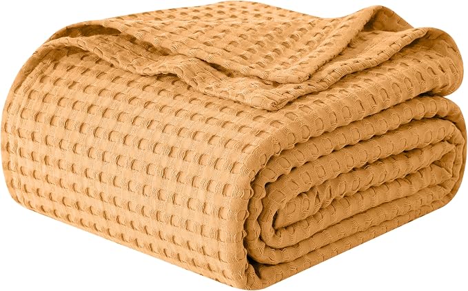 Elegant Comfort Premium 100% Cotton Waffle Blanket - Lightweight Breathable Waffle Weave Bed Blanket - Soft and Warm All Season Blanket for Couch, Sofa and Bed, Queen Size 90x90 Inches, Gold