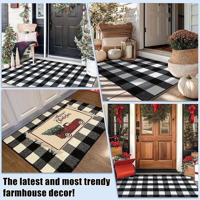 REFETONE Buffalo Plaid Indoor Outdoor Rug 27.5"x43", Black and White Checkered Front Door Mat with Non-Slip Rubber Back, Washable Low-Profile Entryway Rug for Porch, Kitchen, Layered Doormat Decor