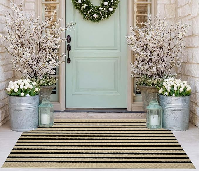 Layered Doormat 2.3'x3.6,Black and Tan Machine Washable Porch Rug Cotton Woven Striped Farmhouse Small Area Rug for Porch/Home Entrace Decor/Bedroom/Layered Door Mats