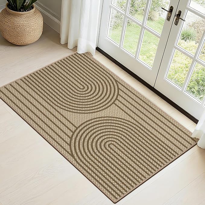 Faux Jute Front Door Mat, 2' x 3' Entryway Porch Rug, Brown Farmhouse Ultra-Thin Washable Non-Slip Mat for Indoor Foyer & Outdoor Patio Decor