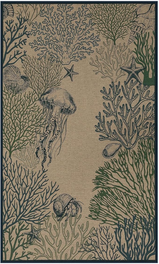 Tribesigns 3x5 Blue Green Coastal Easy Jute Outdoor Rug for Front Door | Washable, Non-Slip, Low-Pile Ocean Animal Design for Entryway, Porch, Patio and Beach House Decor, Includes 4 Rug Grippers