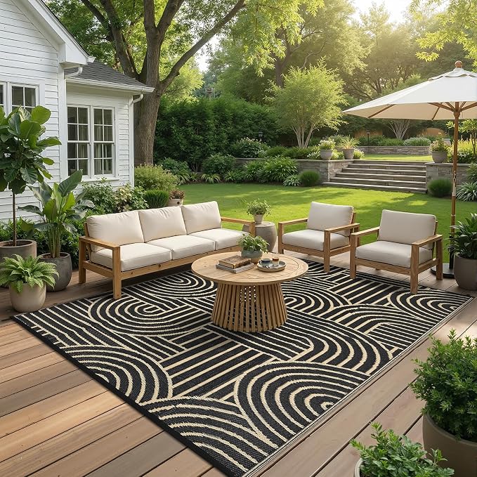 Garvee Reversible Rainbow Outdoor Rug 5x8, Waterproof Outdoor Plastic Straw Rug, RV Mat for Picnics, Patio, Camping, Balcony, Deck, Backyard, Porch, Brown
