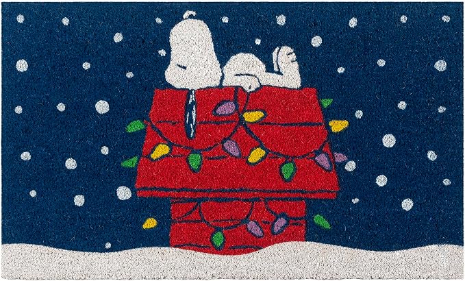 Gertmenian Peanuts Snoopy Coir Doormat - 2x3 Welcome Mat (2-Pack), Ideal for High Traffic Areas in Front Door, Garage, Entryway - Snowflake/Dog House Lights, 80004