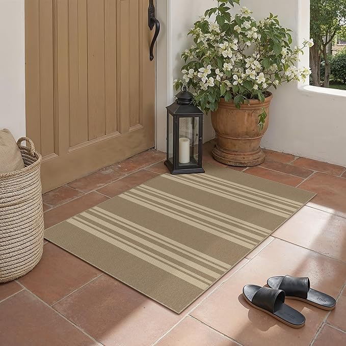 PureCozy Striped Easy Jute Rug 2x3 Khaki Entryway Carpet Washable Non Slip Door Mat Farmhouse Neutral Non Shedding Entry Small Indoor Outdoor Rug for Kitchen Bedroom Mudroom Bathroom