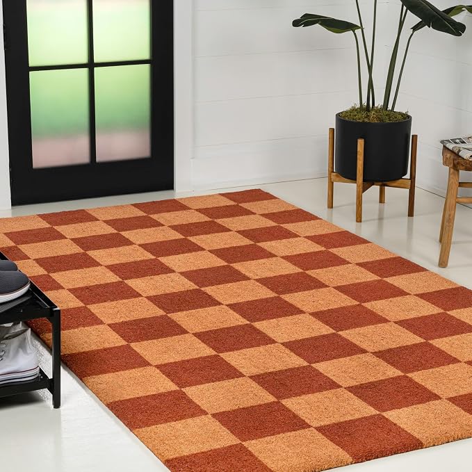 JONATHAN Y Checkered Coir Indoor Outdoor Doormat 5X8 Natural/Red, Porter Classic Farmhouse for Living Room, Bedroom, Kitchen, Office, Easy-Cleaning, High Traffic, Pet-Friendly, Non-Shedding NRF110A-5