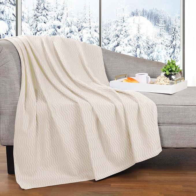 Superior JENA Cotton Blanket, for Picnic, Beach, Traveling or Camping, Bedroom Decor, Essentials, Cover for Bed, Couch, Lounging, Textured Jacquard, Modern Chevron Woven Blanket, King, Ivory