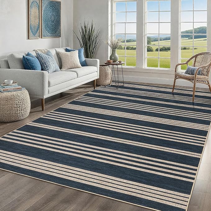 COZYLOOM Washable Living Room Rugs 8x10 Striped Easy Jute Rug with Non Slip Backing, Modern Stain Resistant Farmhouse Rugs for Patio Non Shedding Mats for Dining Room, Bedroom, RV, Navy Blue