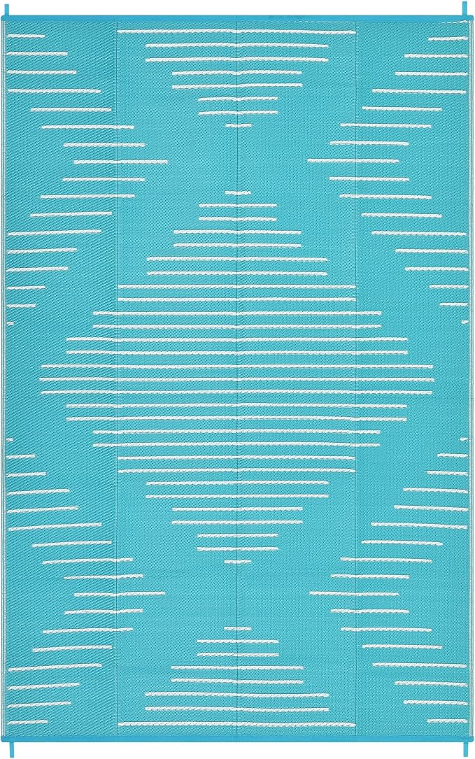 Garvee 6x9 Area Rugs Plastic Reversible Patio Rugs Outdoor Waterproof Easy-Cleaning Large Floor Mat for Outdoors Backyard Porch RV Beach Picnic Light Blue White