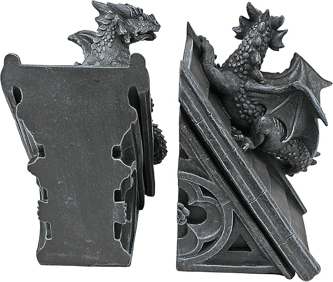 Design Toscano Castle Dragon Gothic Decor Decorative Bookend Statues, 8 Inch, Set of Two, Polyresin, Grey Stone