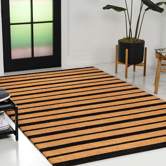 JONATHAN Y Ticking Stripe Coir Indoor Outdoor Doormat 5X8 Natural/Black, Hadley Modern Classic for Living Room, Bedroom, Kitchen, Easy-Cleaning, High Traffic, Pet-Friendly, Non-Shedding NRF108A-5