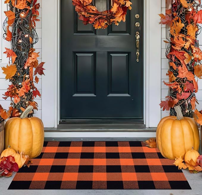 Fall Layered Doormat 27.5 x 43 inch,Orange and Black Plaid Rug Cotton Woven Washable Front Door Mat Outdoor Checkered Area Rug for Porch,Entryway,Farmhouse,Halloween,Indoor,Outdoor