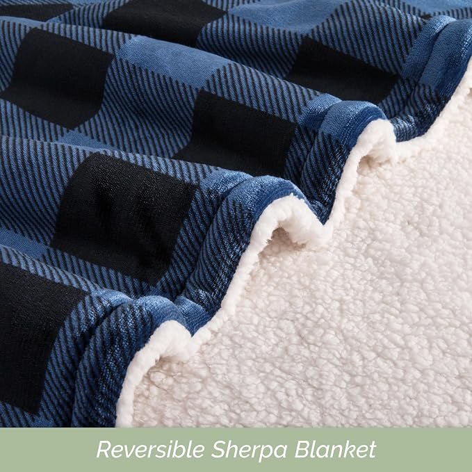 Elegant Comfort Ultra Soft Reversible Buffalo Plaid Flannel Sherpa Blanket - Cozy Silky Checkered Fleece Throw for Couch, Bed - Plush Fuzzy Warm Winter Blanket for Gift, Twin XL, Blue