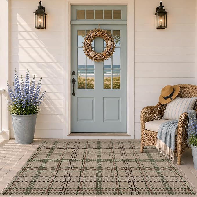 Easy Jute 3x5 Outdoor Rug for Front Porch Layering - Washable Door Mat for Large Entryway, Non Slip Farmhouse Woven Rug for Kitchen Floor, Mudroom - Buffalo Plaid Sage Green Decor