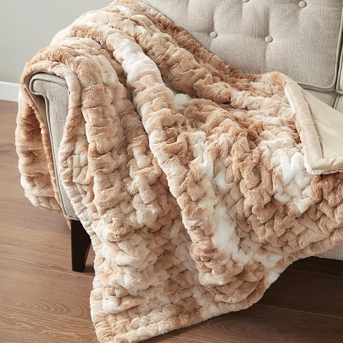 Madison Park Ruched Fur Throw Faux Fur Blanket, 50" x 60", Tan Tie Dye | Luxury, Premium, Soft Cozy Brushed Long Pile, All Season Plush Modern OEKO- TEX Certification Warm For Bed, Couch or Sofa