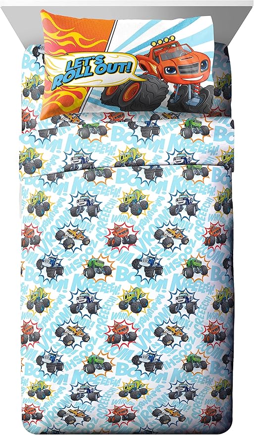 Jay Franco Blaze and the Monster Machines Off to The Races 4 Piece Toddler Size Bed Set – Super Soft Microfiber Bed Set Includes Size Comforter & Sheet Set (Official Blaze Product)