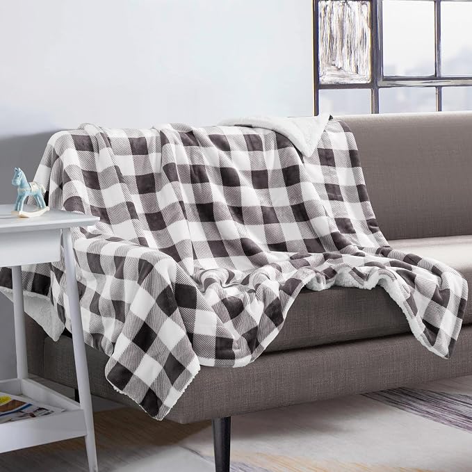 Elegant Comfort Luxury Ultra-Plush Velvet Touch Buffalo Plaid Fleece Throw - Soft, Warm, Cozy Micromink Sherpa-Backing Reversible Blanket for Bed, Sofa and Couch, Buffalo Gray