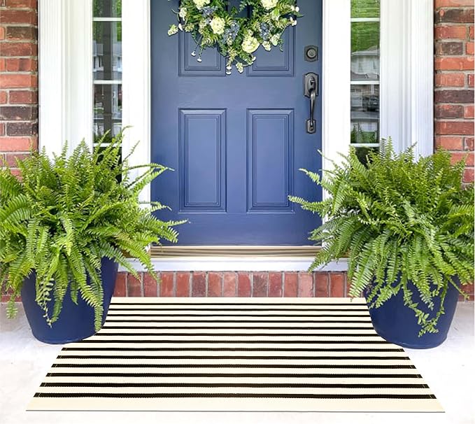 Black and Beige Layered Doormat,2x3 ft Striped Small Outdoor Porch Rug Cotton Woven Washable Farmhouse Layered Door Mats for Entryway/Porch Decor/Kitchen/Home Entrance