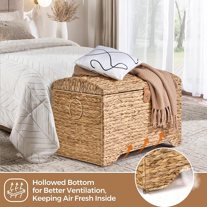 Honjourai Handwoven Storage Basket with Lid, 178L Wicker Storage Trunk | Natural Water Hyacinth Storage Chest, Leather Buckle, Metal Frame, Metal Ring Handles for Easy Transport