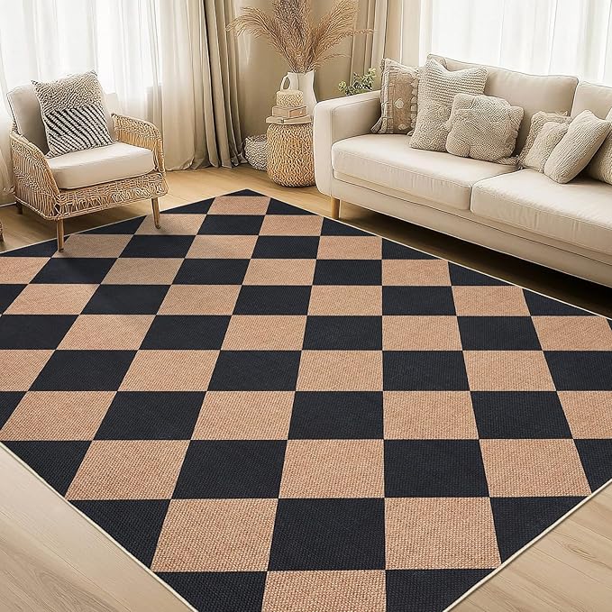 COZYLOOM 5x7 Outdoor Patio Rug Machine Washable Area Rugs for Living Room Non Slip Stain Resistant Diamond Print Jute Rug Foldable Non Shedding Geometric Carpet for Bedroom, RV, Backyard, Brown
