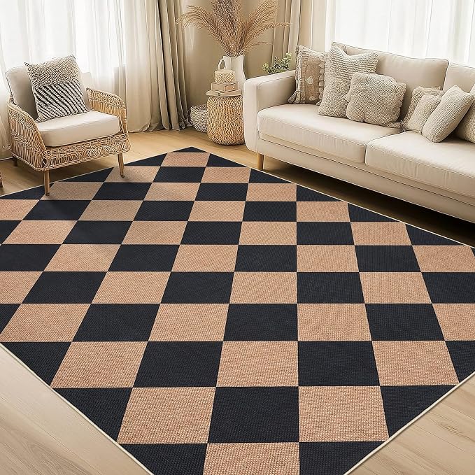 COZYLOOM Washable Rugs for Bedroom 8x10 Modern Easy Jute Rug with Non Slip Backing, Geometric Diamond Pattern Stain Resistant Accent Carpet Foldable Indoor Outdoor Rug for Dining Room, Patio, Brown