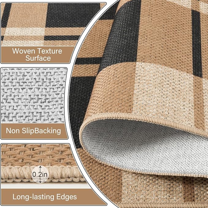 AROGAN Plaid Jute Rug 3x5, Washable Indoor Outdoor Rug, Black and Brown Checkered Farmhouse Rug, Non-Slip Low Pile Carpet for Patio, Living Room, Kitchen, Entryway