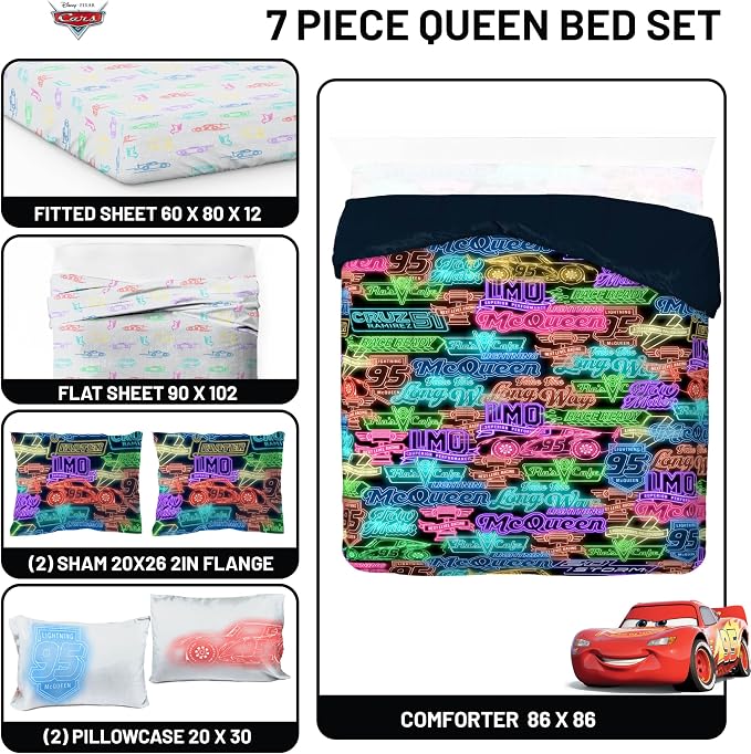 Disney Pixar Cars McQueen Queen Comforter Set 7 Piece Kids Bedding, Black | Neon Racecar, Bed in a Bag, Comforter Sheets Shams Pillowcases, Official Product, Microfiber, Machine Washable, Boys Gift