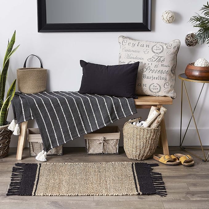 DII Striped Throw Collection Cotton Slub, Hand-Tied Tassels, 50x60, Mineral Gray & Off-White