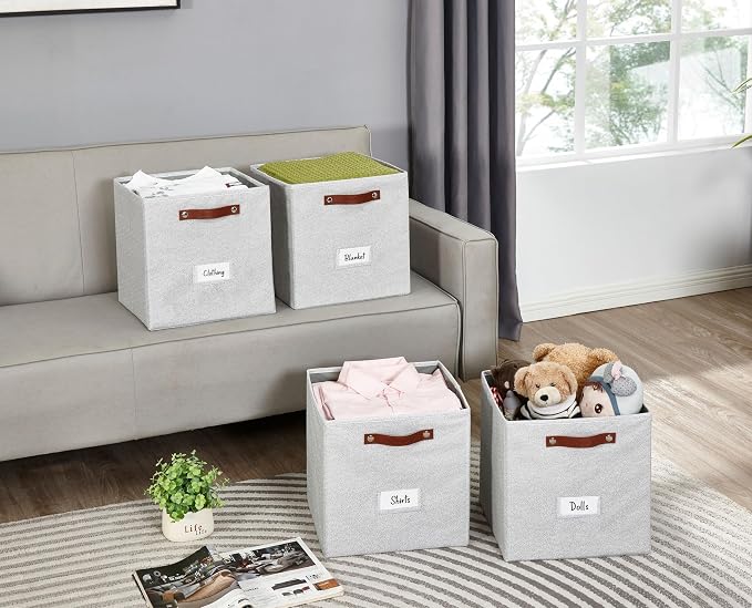 DECOMOMO Storage Bins, Storage Baskets for Shelves | 13" x 15" x 13" Storage Cube Bins with Labels for Organizing Shelves (Kallax, 4pcs, Light Texture Grey)