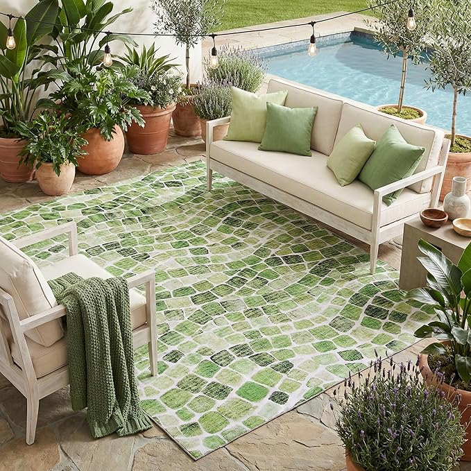 ReaLife Rugs Machine Washable Indoor Outdoor - Mat Rug Foldable Printed Thin Lightweight Cushioned Fade Resistant Patio Deck Dock Porch Pool Balcony Camping - Emery - Green 5' x 7'