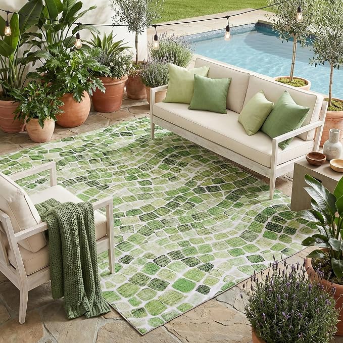 ReaLife Rugs Machine Washable Indoor Outdoor - Mat Rug Foldable Printed Thin Lightweight Cushioned Fade Resistant Patio Deck Dock Porch Pool Balcony Camping - Emery - Green 4' x 6'