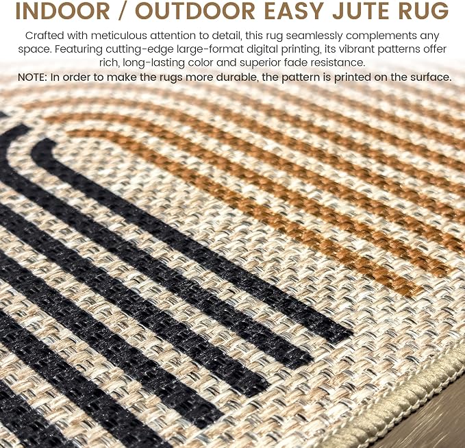 Washable Rainbow Easy Jute Rug 8x10, Neutral Geometric Modern Outdoor Indoor Patio Farmhouse Large Rugs, Woven Non Slip Thin Carpet for Living Dining Play Room Bedroom Classroom Kids Nursery