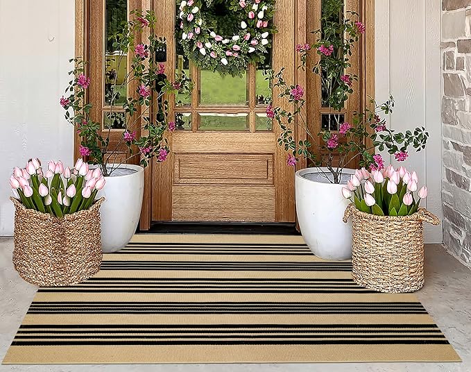 Black and Khaki Outdoor Rugs 3'x5', Washable Striped Porch Rugs Cotton Woven Indoor Outdoor Layered Door Mats Small Area Rug for Home Entrace Decor/Bedroom/Entryway