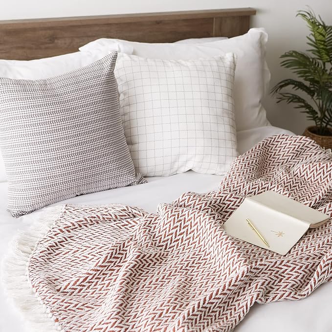 DII Modern Zig Zag Throw Blanket Woven Cotton, Hand-Knotted 2.5" Fringe, 50x60, Cinnamon