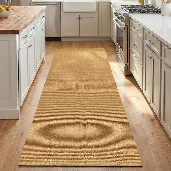THE BEER VALLEY Woven Kitchen Runner Rug 2x6 Feet - Tan | Non Slip Outdoor Long Entry Door Runners for Hallways, Washable Indoor Bathroom Low Profile Rustic Rugs