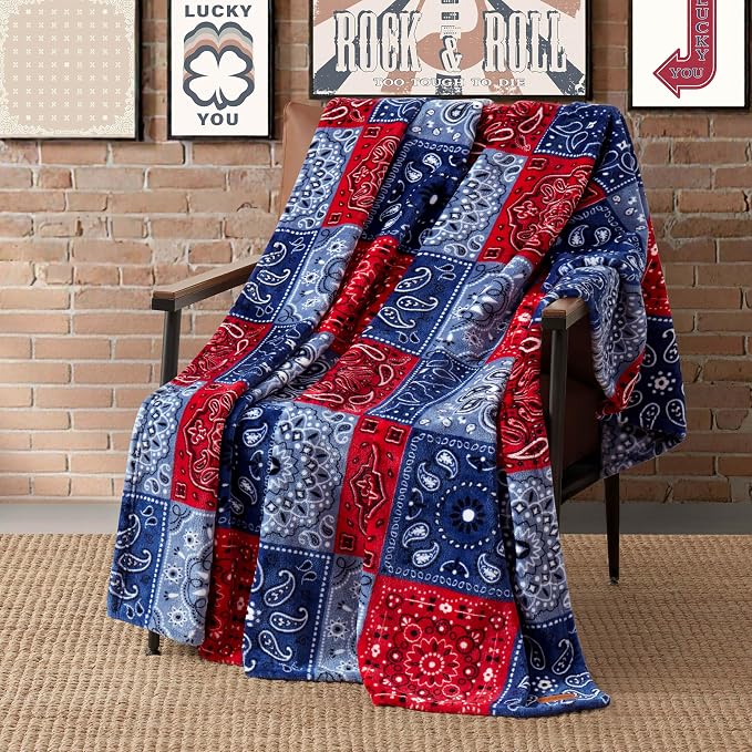 Lucky Brand 50" x 70" Plush Throw Blanket, Bandanny Blue/Red | Blanket for Sofa or Bed
