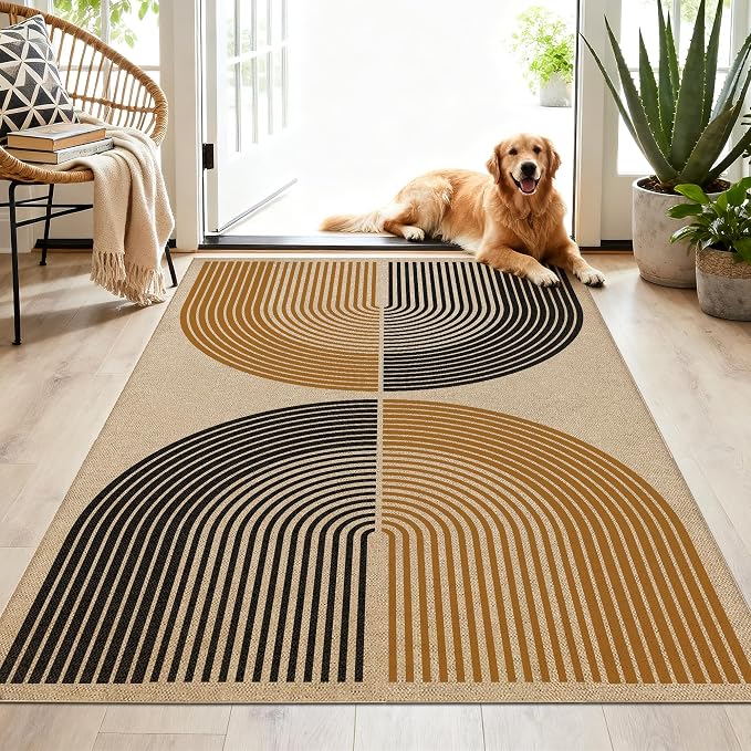 Washable Rainbow Easy Jute Rug 3x5, Outdoor Indoor Patio Modern Geometric Neutral Small Rugs, Woven Non Slip Thin Carpet Mat for Living Bedroom Entryway Front Door Farmhouse Doorway Kids