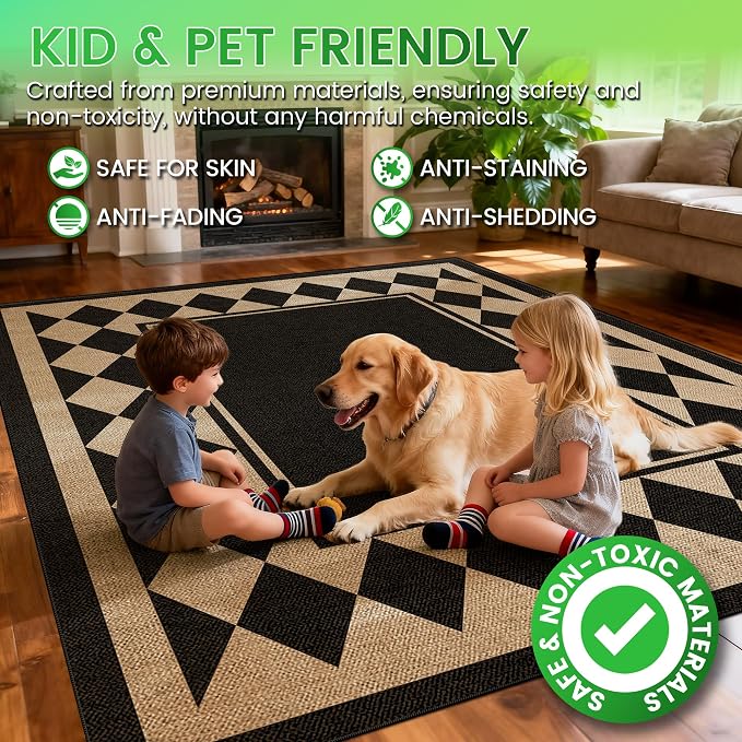 Washable Checkered Easy Jute Runner Rug 2x8, Black Checkerboard Geometric Outdoor Indoor Patio Bordered Rug, Woven Non Slip Thin Neutral Long Runner Carpet for Hallway Kitchen Entryway Porch