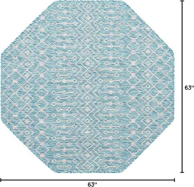 Unique Loom Outdoor Trellis Collection Area Rug - Tribal Trellis (5' 3" Octagon, Aqua/ Ivory)