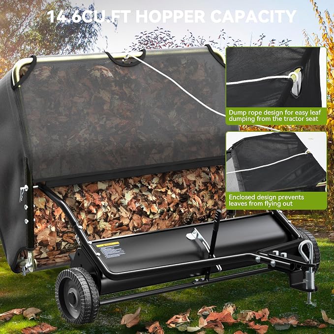 AUTOSAVER88 48" Lawn Sweeper Tow Behind with Adjustable Sweeping Height | Leaf & Grass Collector with Dumping Rope Design, 25 Cu.ft Hopper Pull Behind Lawn Sweeper for Leaves, Grass & Debris