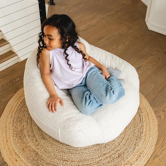 Big Joe Cloudberry Bean Bag Chair, Foam-Filled Structured Seat, Teddy Boucle, Icing, Kids | Premium Shredded Foam Filled, Teddy Boucle, Safe for Kids Ages 3 and Up, Supports Up to 150 lbs, Perfect for Bedroom