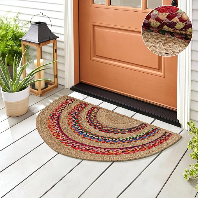 Boho Braided 1.5x3 Area Rug - Jute Chindi Half Circle Rug for Living Room Entryway, Farmhouse, Home Décor, Indoor Rugs Jute Door mat for Bathroom, Kitchen (Multi-Natural, 1.5 X 3 ft)