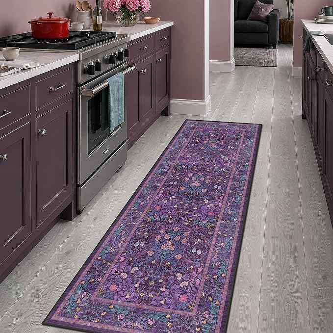 Vintage Plum Purple 2x6 Runner Rug for Bathroom - Boho Washable Indoor Entryway Rug, Oriental Low Pile Violet Carpet for Laundry Room, Hallway Mats for Floor, Stain & Fade Resistant