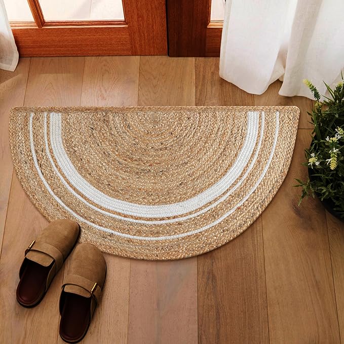 Boho Braided 1.5x3 Area Rug - Jute Natural Fiber Half Round Rug for Living Room Entryway, Farmhouse, Home, Indoor Rugs Jute Door mat for Bathroom, Kitchen (White Natural, 1.5 X 3 ft)