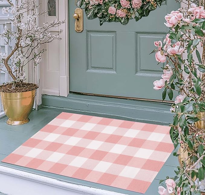 Buffalo Plaid Outdoor Rug 27.5''X 43.3' Pink White Checked Porch Rug Cotton Woven Washable Rug Layering Doormat for Welcome Door Mat Entryway Dining Room Bedroom Living Room