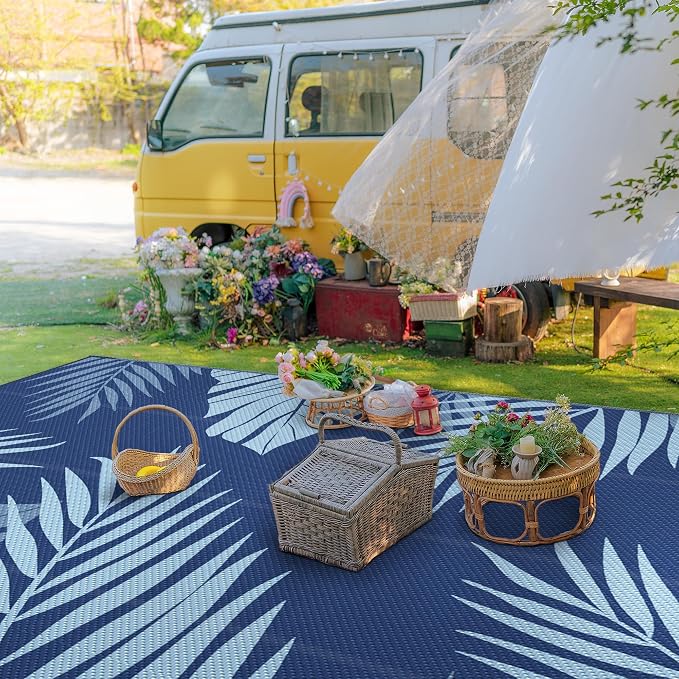 GENIMO Outdoor Rug, Waterproof Plastic Rugs 10'x14' for Camping Blue | Outside Larger Leaf Carpet Mat for Porch Decor, Deck, Camping, RV, Backyard, Balcony, Picnic, Beach, Reversible, Foldable