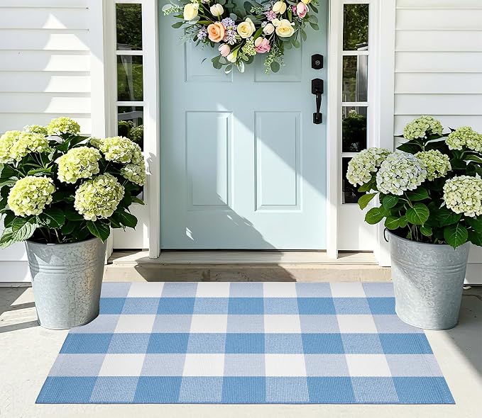 Light Blue and White Front Door Mat 24''X35'' Buffalo Plaid Checked Front Porch Rug Cotton Woven Washable Rug Layering Doormat for Welcome Door Mat Entryway Dining Room Bedroom Living Room