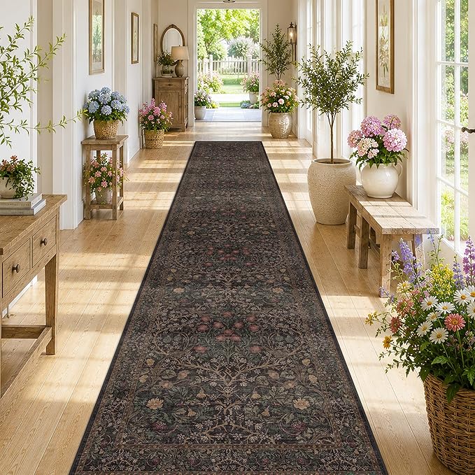 Hazo Haus Dark Brown Boho Washable 3x12 Extra Long Runner Rug for Hallway, Water Resistant Extra Long Runners for Large Kitchen, Non-Slip Stain & Fade Resistant, Vintage Natural Floral Décor