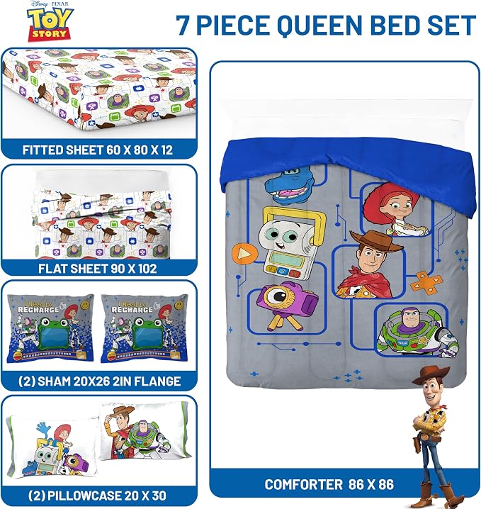 Jay Franco Kids Comforter Set Includes Sheets and Pillow Covers - Soft and Cozy Bed Set for Stylish Room Decor, Official Licensed Bedding, Grey - Toy Story, 7 Piece Queen